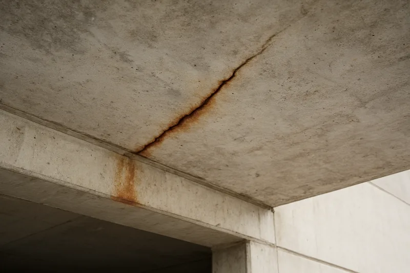 A concrete slab underside with a hairline crack and a rust stain along it — concrete cancer repair, Sunshine Coast. Illustrative example.
