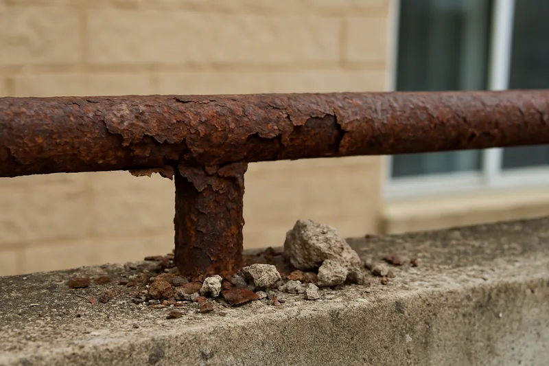 A corroded bar with flaking rust and small chunks of concrete below it — concrete cancer inspection, Sunshine Coast. Illustrative example.