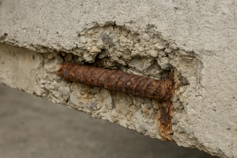 Concrete spalled away around a bare corroded bar on a slab edge — spalling and exposed reinforcement, Sunshine Coast. Illustrative example.